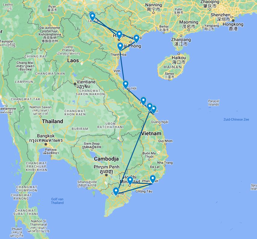 routekaart van de 23 daagse boetiek rondreis door Vietnam