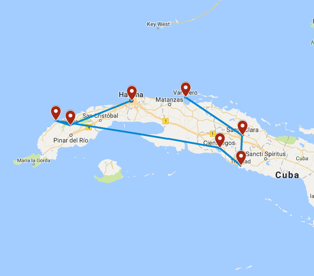 Routekaart van de reis Cuba rondreis betaalbaar