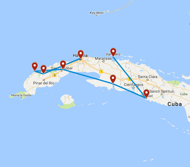 Routekaart van de reis Cuba highlights & hidden gems