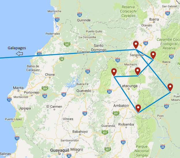 routekaart van de 16 daagse familie rondreis door Ecuador