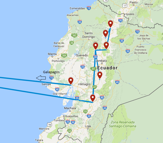 routekaart van de 19 daagse highlights & hidden gems rondreis door Ecuador