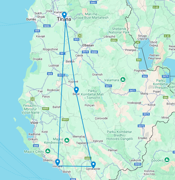 Routekaart van de reis Albanië korte familiereis
