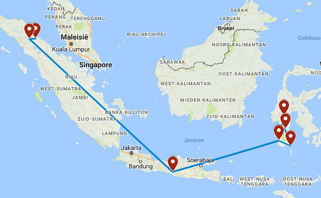 Routekaart van de 19daagse budget rondreis door Sumatra en Sulawesi