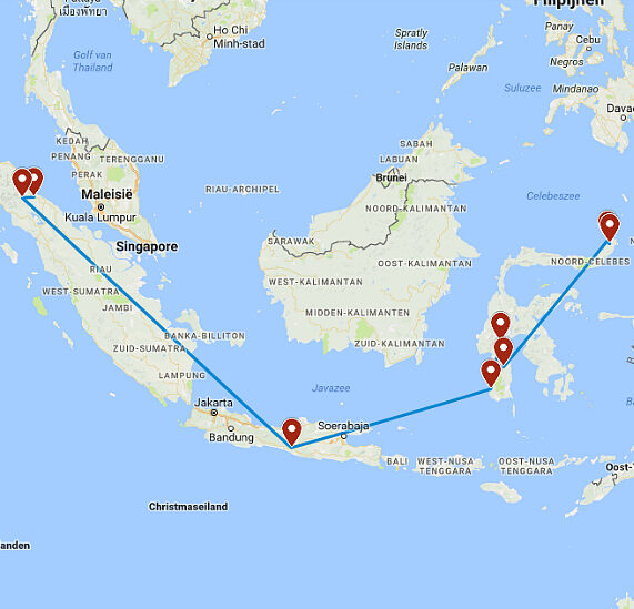 Routekaart van de drieweekse rondreis door Sumatra en Sulawesi
