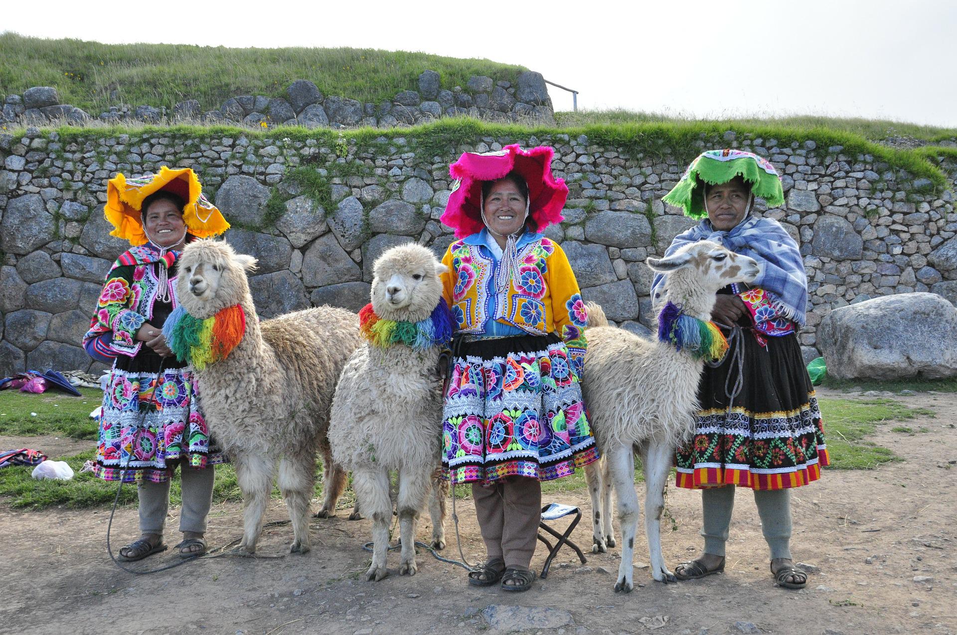 locals in traditionele kleding met lama's voor een stenen muur