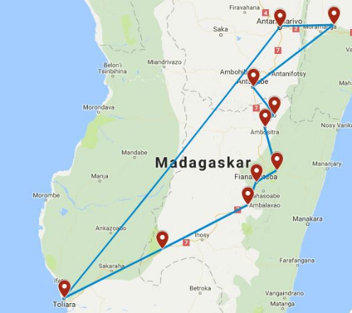 Route kaart van 2-weekse rondreis door Madagaskar