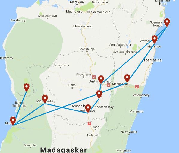 Route kaart van de 17-daagse familierondreis door Madagaskar