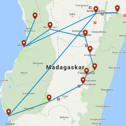 Route kaart van 3-weekse rondreis door Madagaskar