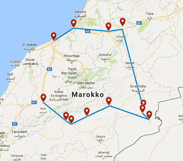 routekaart van de 16 daagse highlights & hidden gems rondreis door Marokko