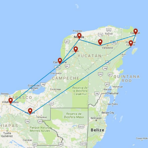 Routekaart van de 2-weekse Mexico busrondreis betaalbaar