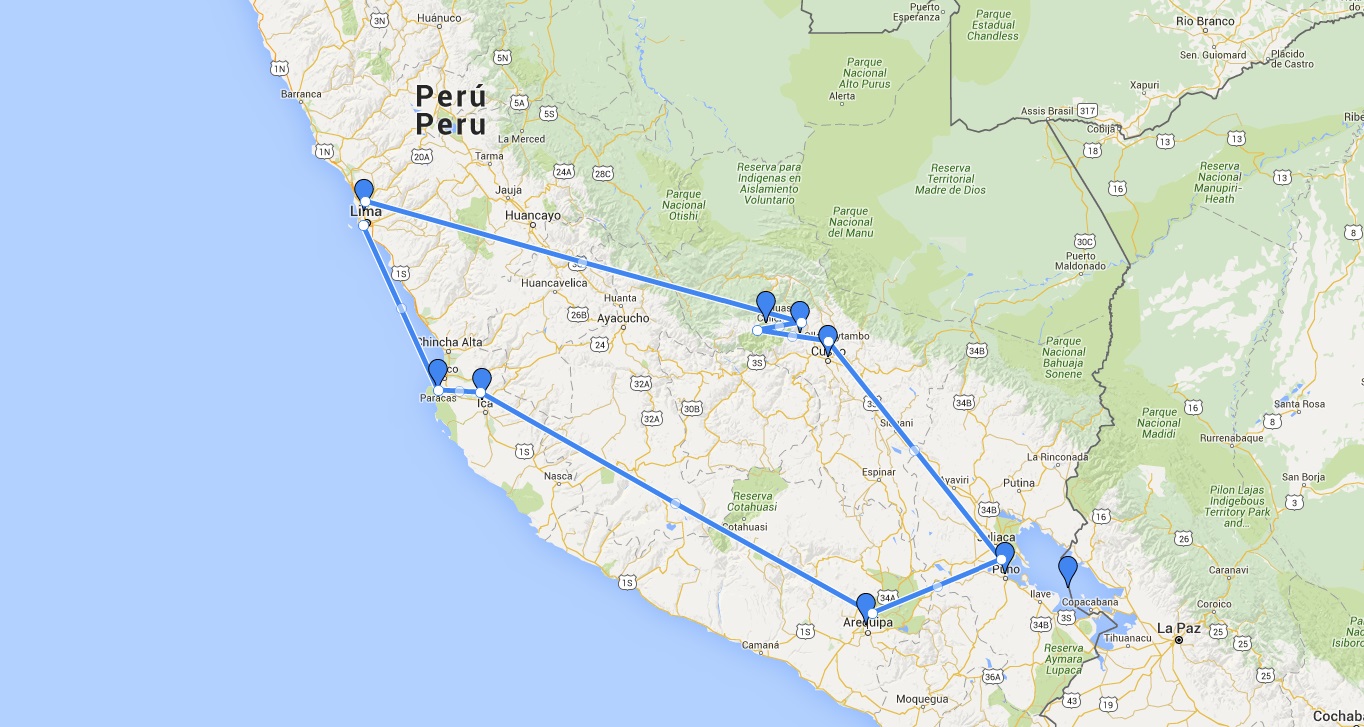 routekaart van de 3 weekse rondreis door peru