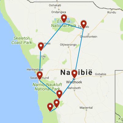 Routekaart van de 15 daagse budget rondreis door Namibië