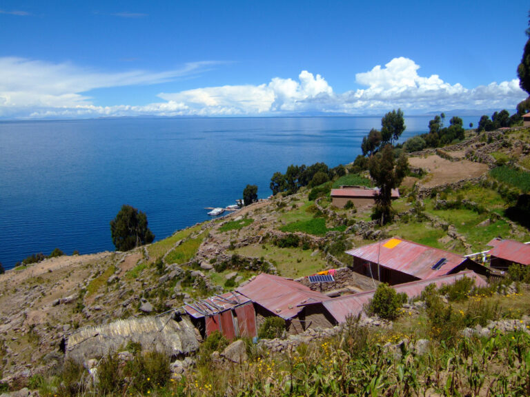 kustlijn met huisjes en begroeiing langs het titicacameer in peru