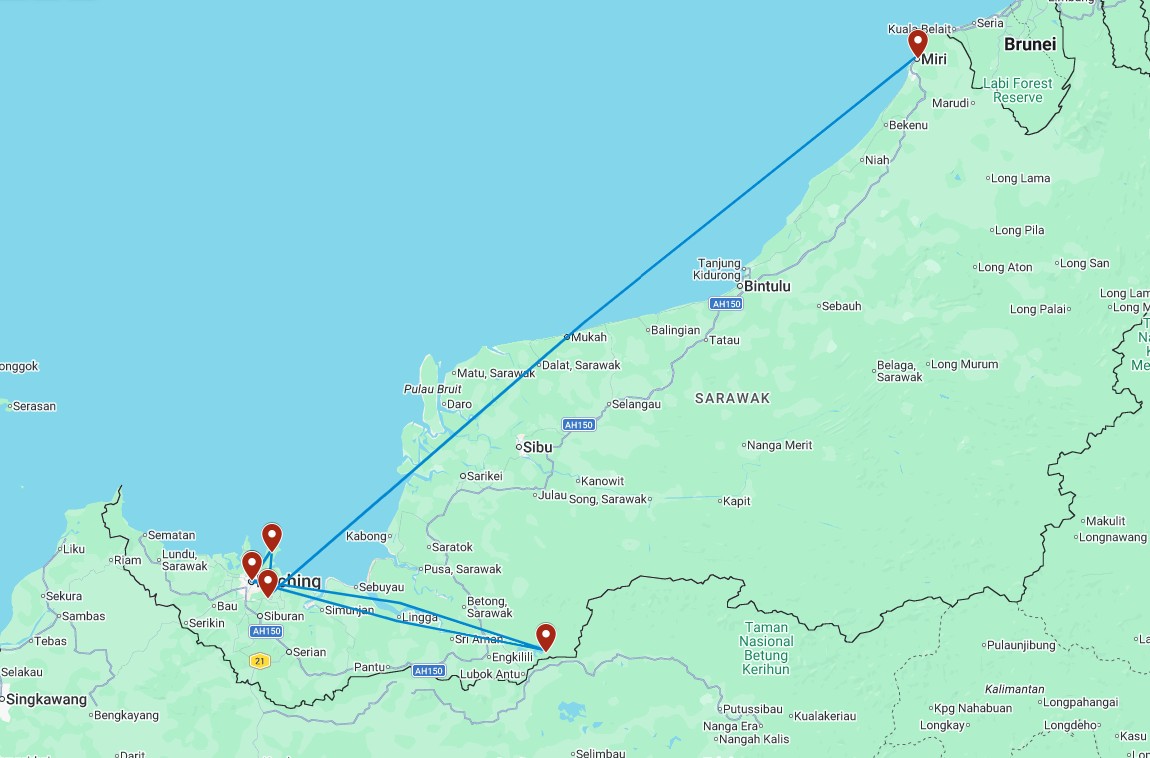 Routekaart van de Borneo rondreis betaalbaar