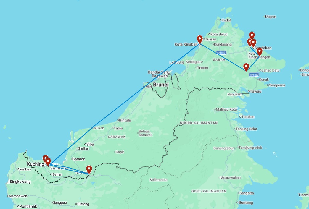 Routekaart van de Borneo highlights & hidden gems rondreis