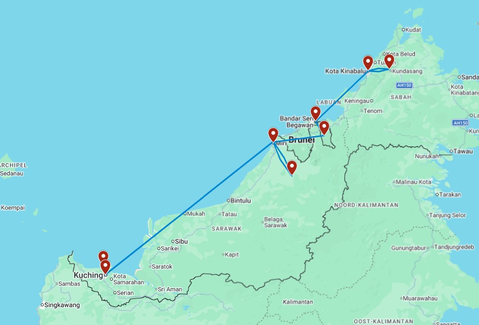 Routekaart van de Borneo reis jungle adventure