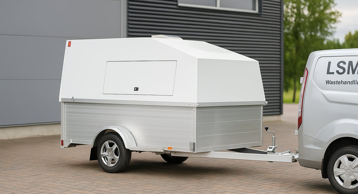 Mobil kärltvättvagn med vit aluminiumkåpa på släpvagn