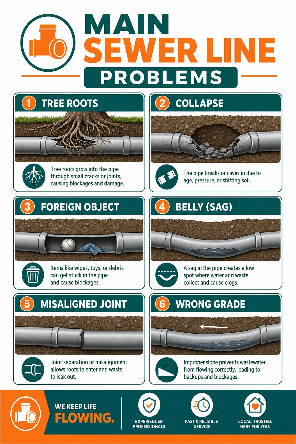 Six common main sewer line problems a camera inspection finds: tree roots growing into joints, a collapsed pipe, a foreign object stuck in the line, a belly or sag where waste collects, a misaligned joint, and the wrong grade or slope.