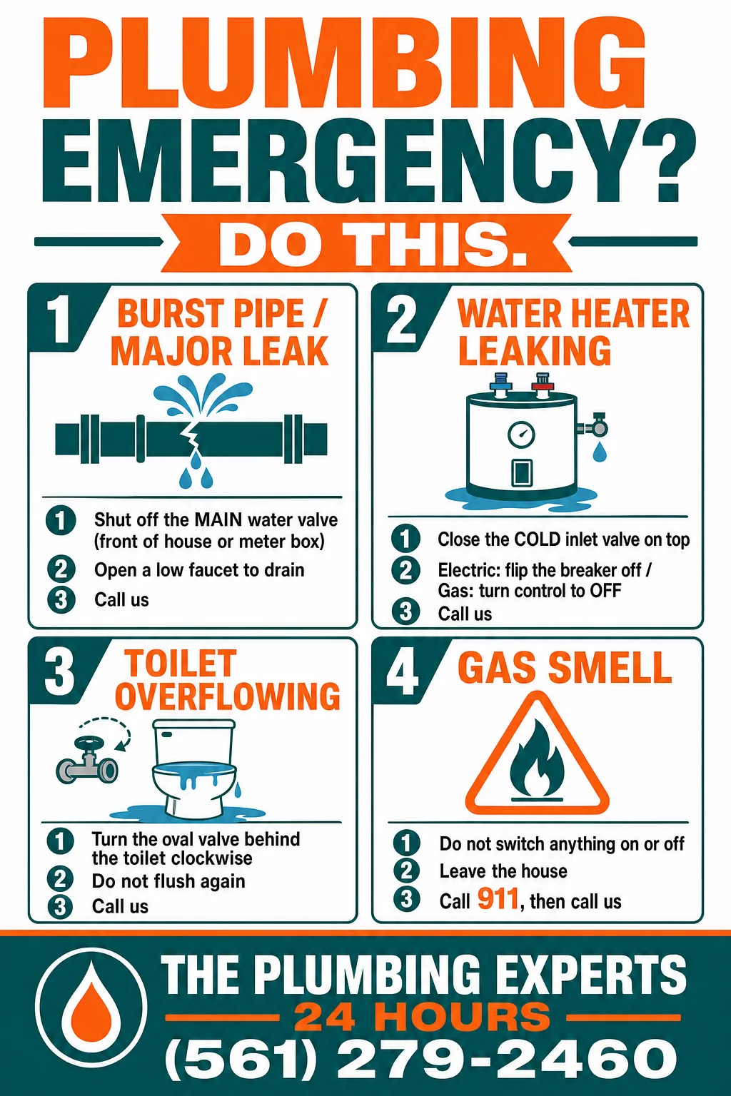 What to do in a plumbing emergency. Burst pipe or major leak: shut off the main water valve, open a low faucet to drain, call us. Water heater leaking: close the cold inlet valve on top, turn off the breaker or set gas to off, call us. Toilet overflowing: turn the valve behind the toilet clockwise, do not flush again, call us. Gas smell: do not switch anything on or off, leave the house, call 911, then call us. The Plumbing Experts, 24 hours, (561) 279-2460.