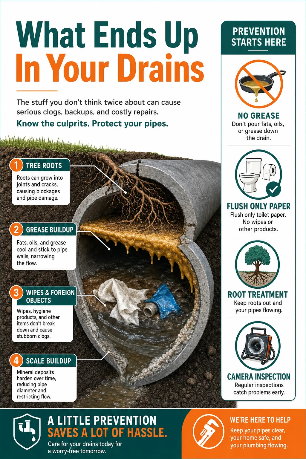 Cutaway of a sewer pipe showing four causes of clogs: tree roots, grease buildup, wipes and other foreign objects, and mineral scale. Prevention tips: no grease down the drain, flush only toilet paper, root treatment, and camera inspection.