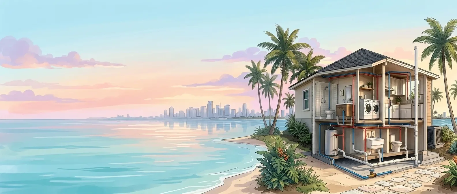 Illustration of a South Florida home cut away to show its plumbing, with palms, the beach and the skyline at sunset