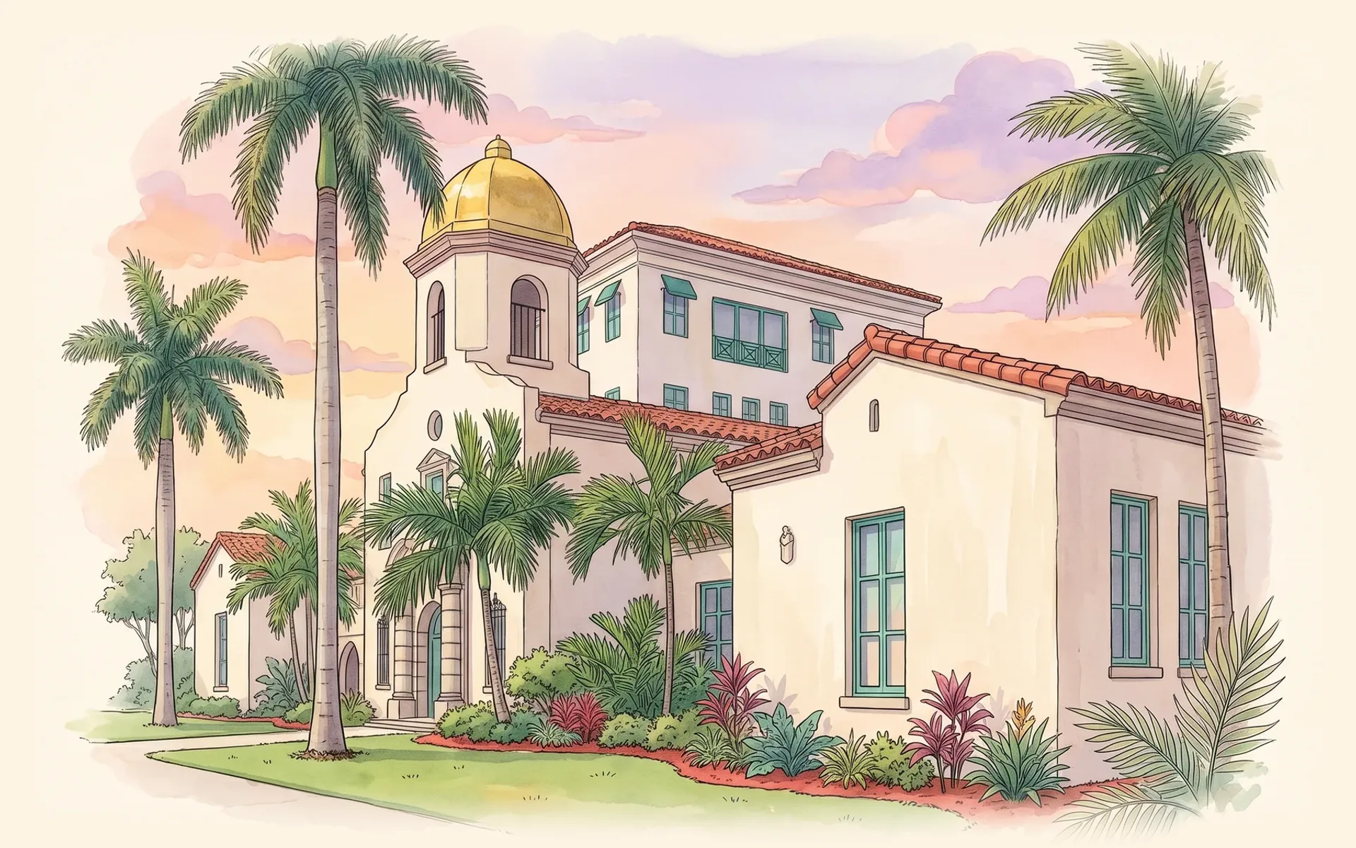 Boca Raton's 1927 Old Town Hall with its gold dome, framed by palms