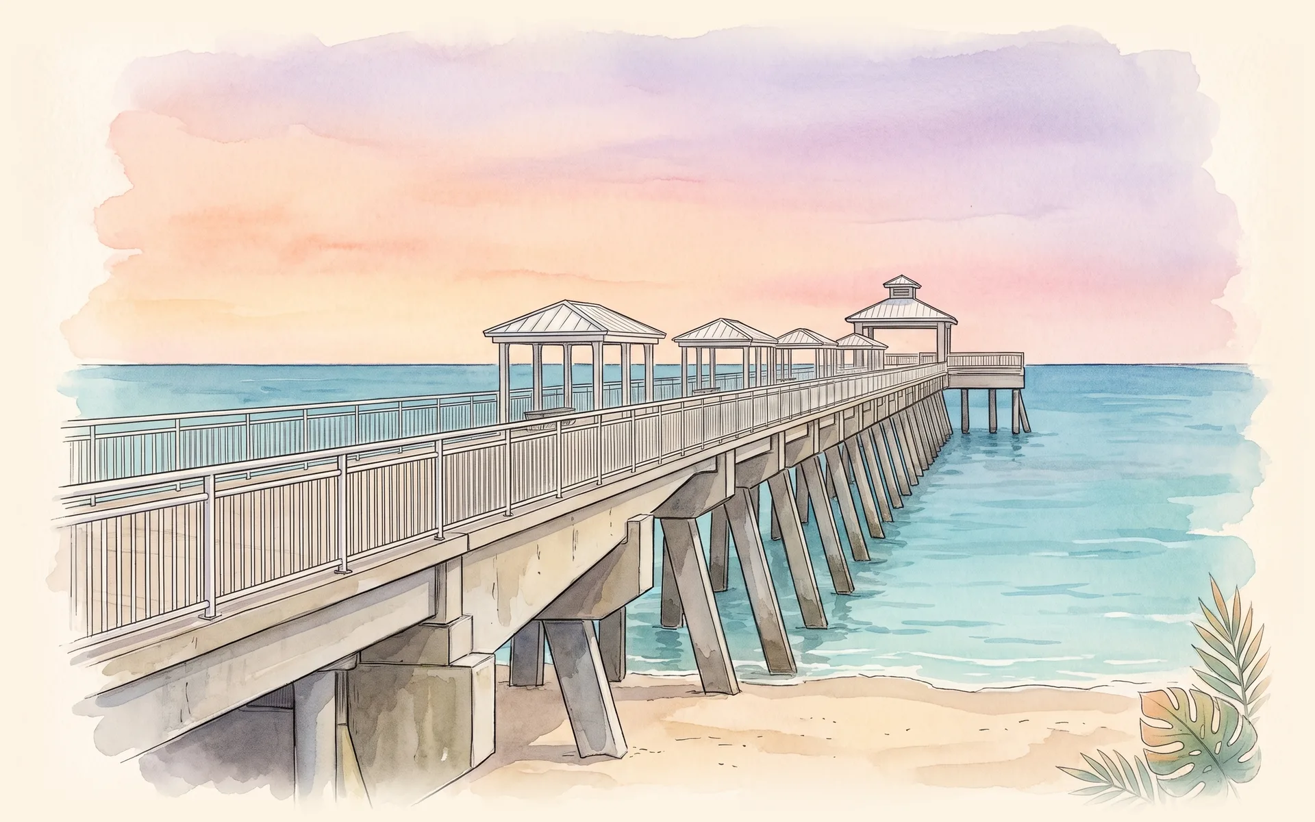The Deerfield Beach fishing pier with its shade pavilions, seen from the beach