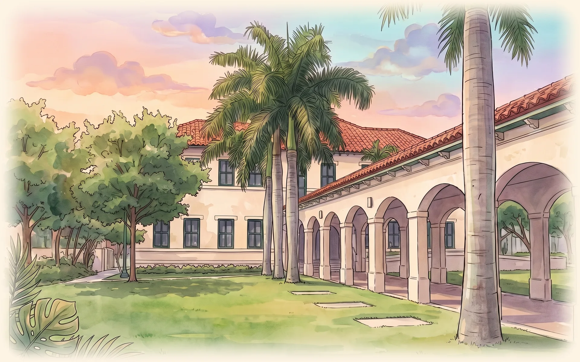 Delray Beach's Old School Square: the historic school building and its arched loggia among palms