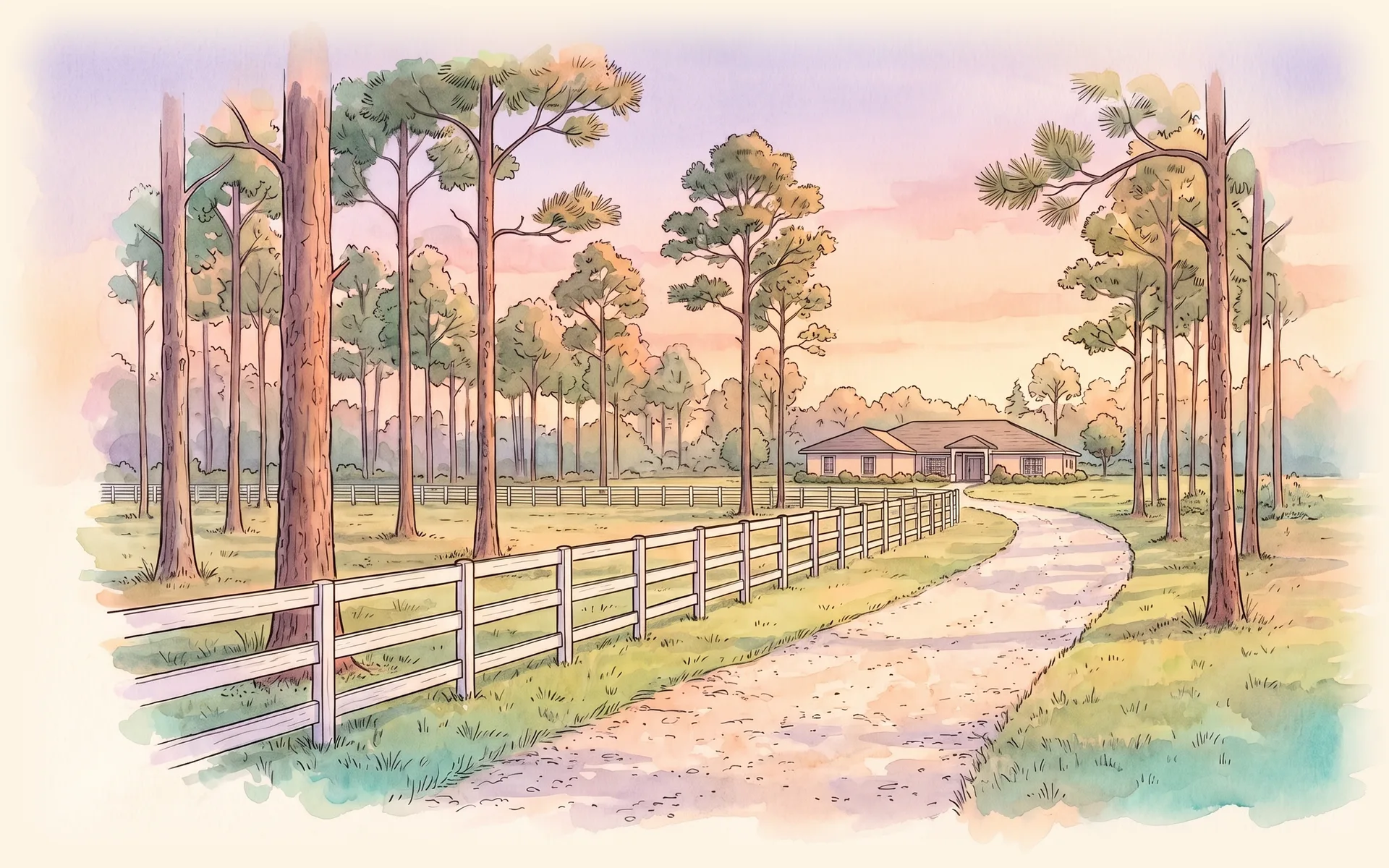 A ranch house on an acreage lot behind a white horse fence and slash pines