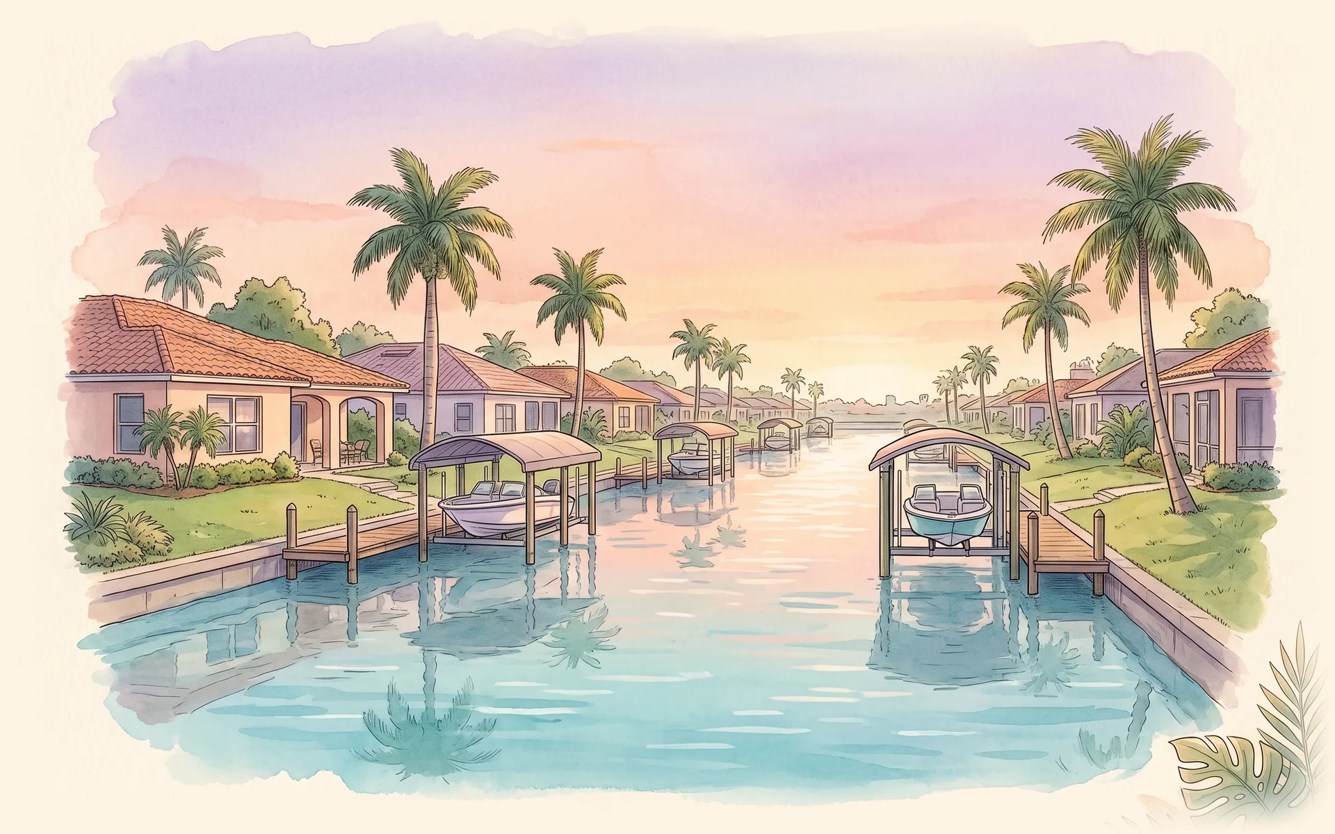 Tile-roof homes with docks and boat lifts along a palm-lined canal