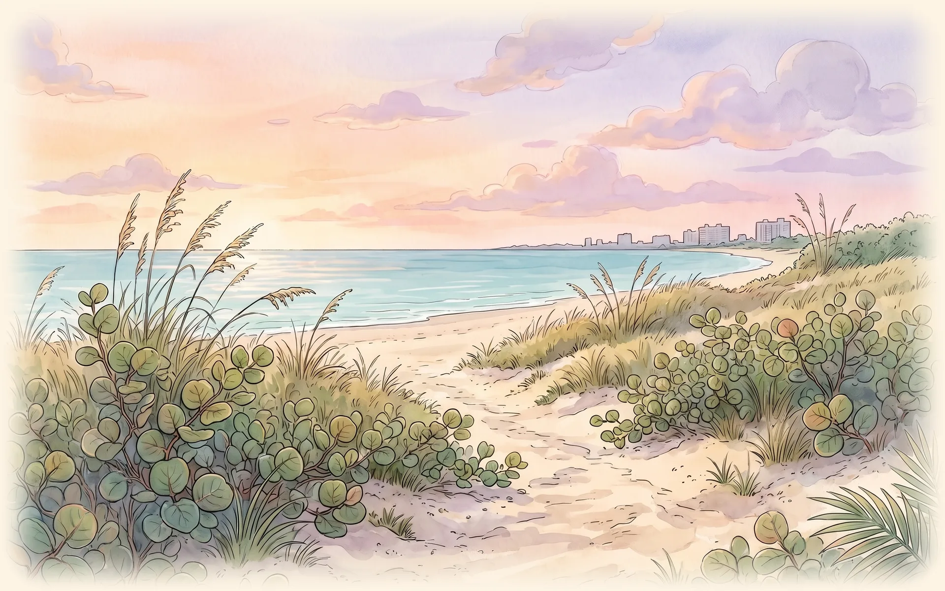 A beach dune path through sea grape and sea oats to an empty shoreline