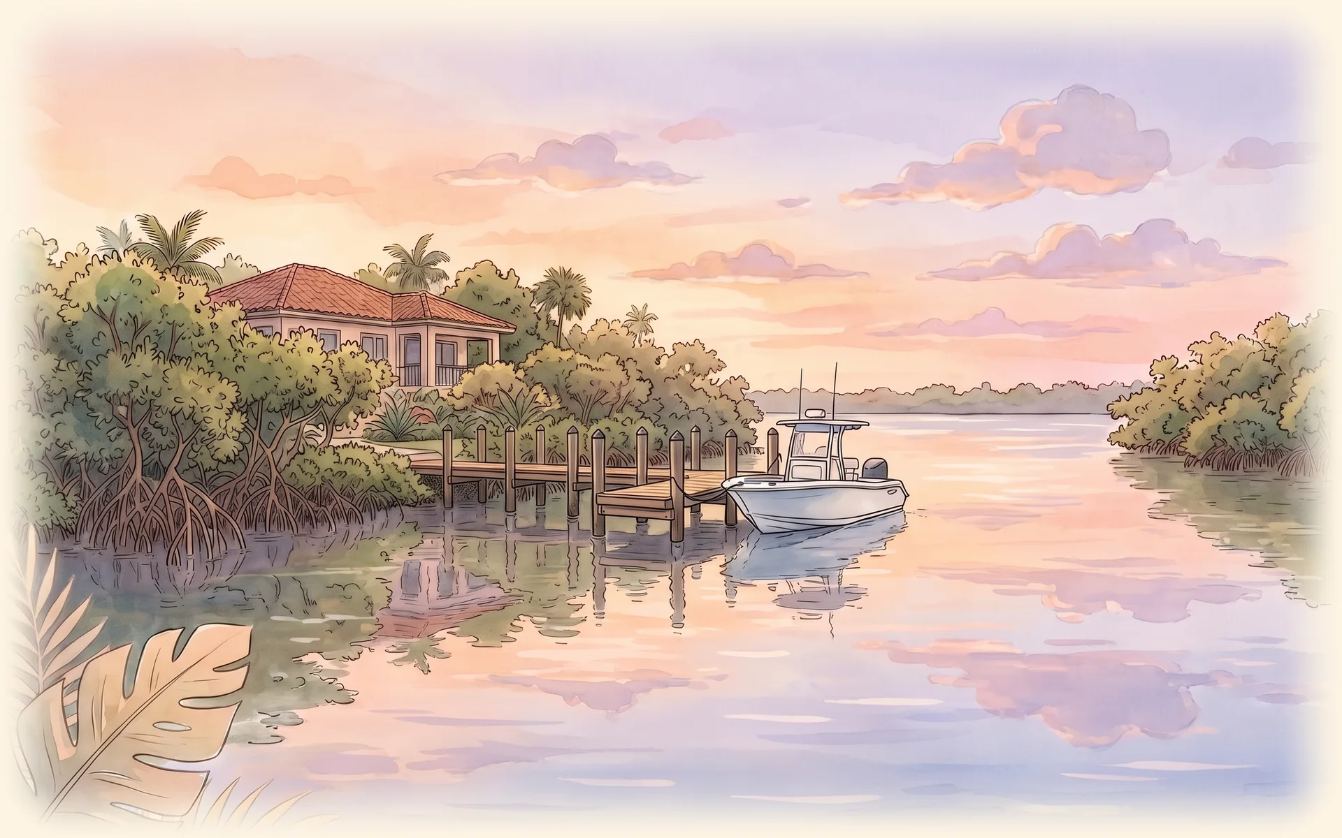 A private dock with a moored boat on a calm waterway at sunset