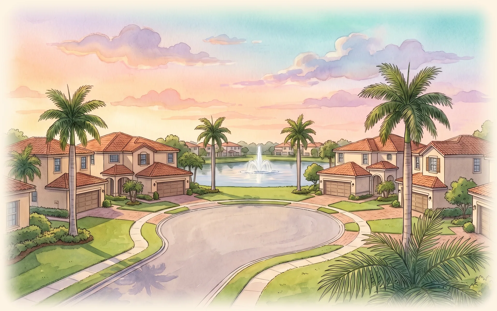 A cul-de-sac of tile-roof homes with royal palms, backing onto a lake with a fountain