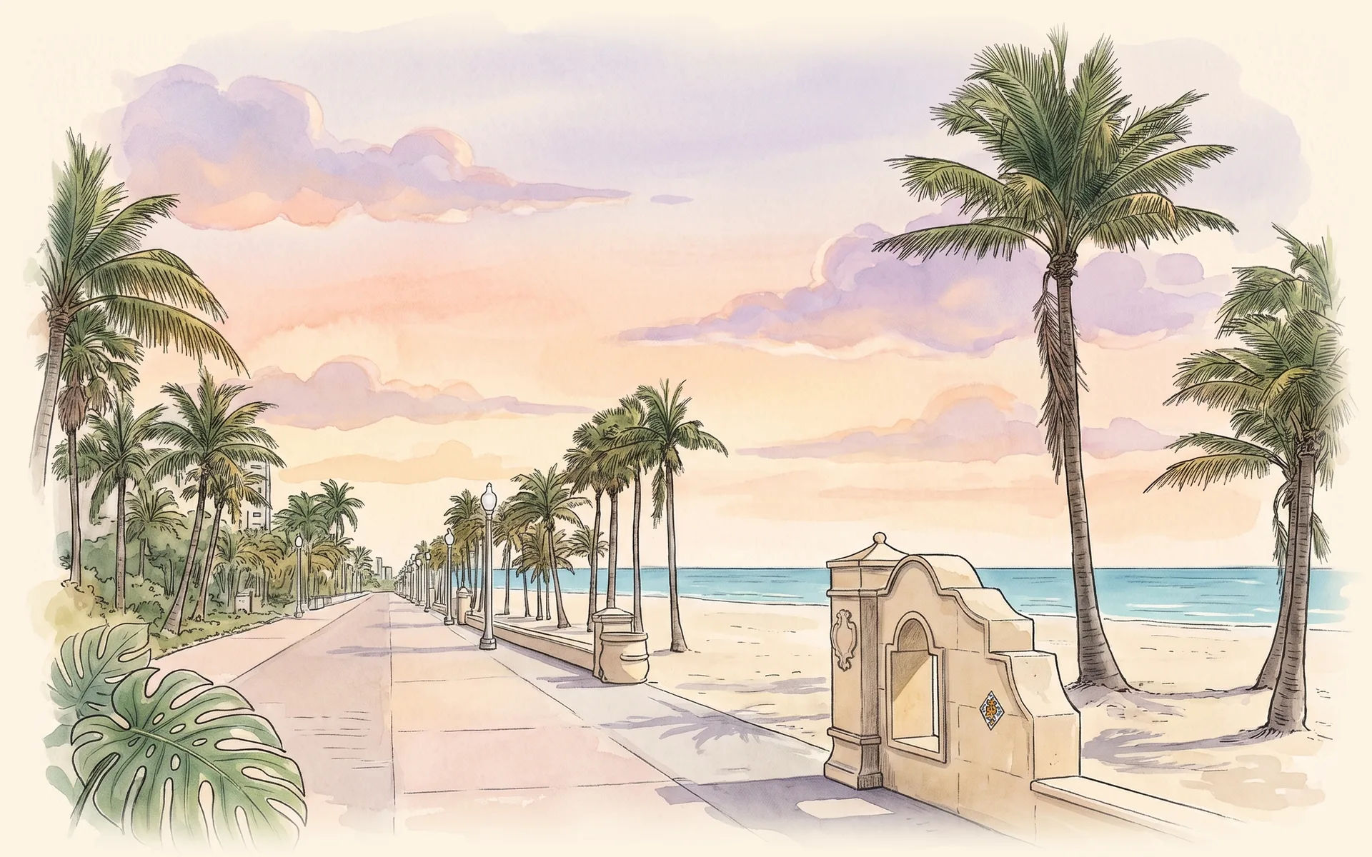 The palm-lined Hollywood Beach Broadwalk beside the beach and the Atlantic