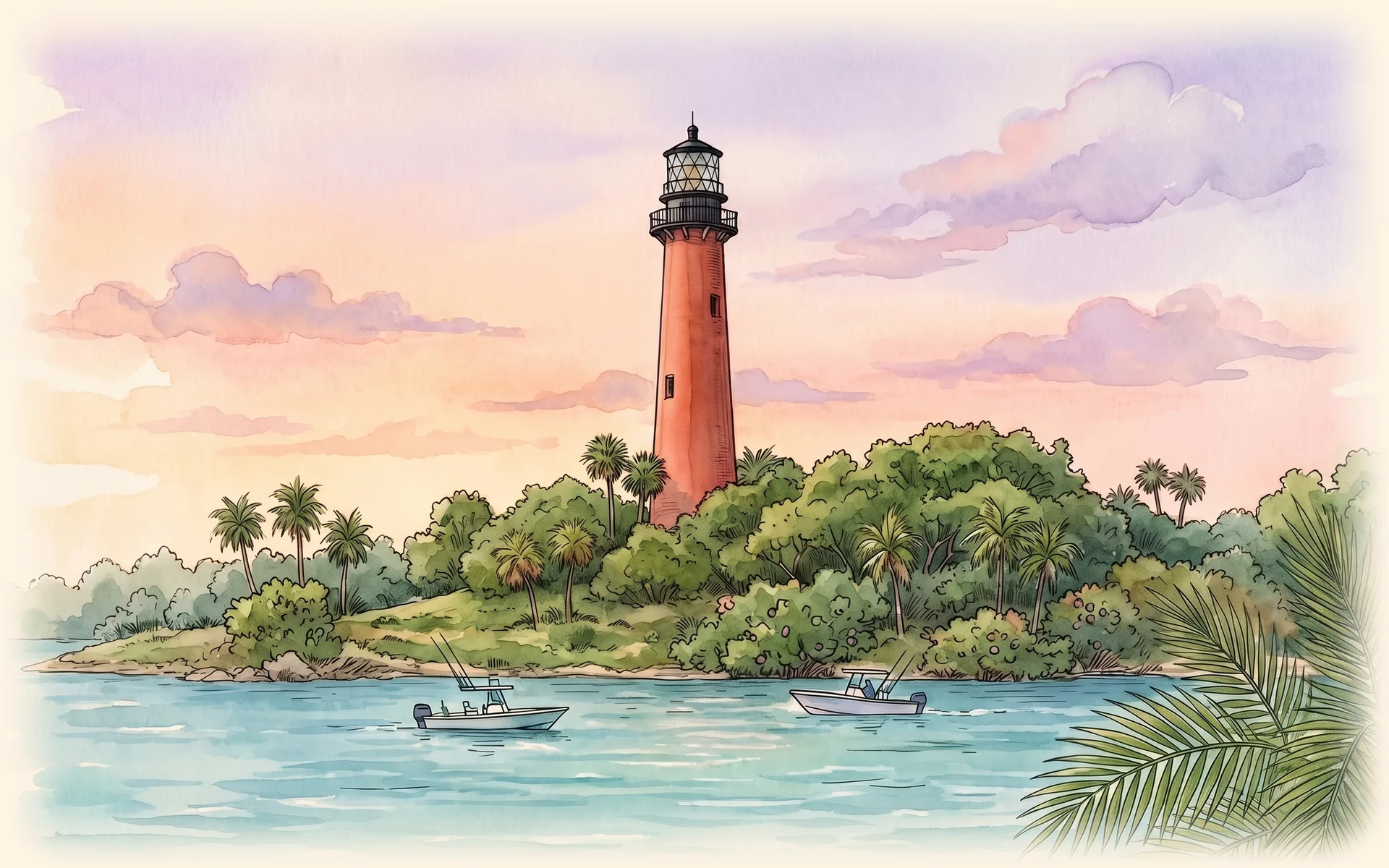 The red brick Jupiter Inlet Lighthouse above the inlet, with boats on the water