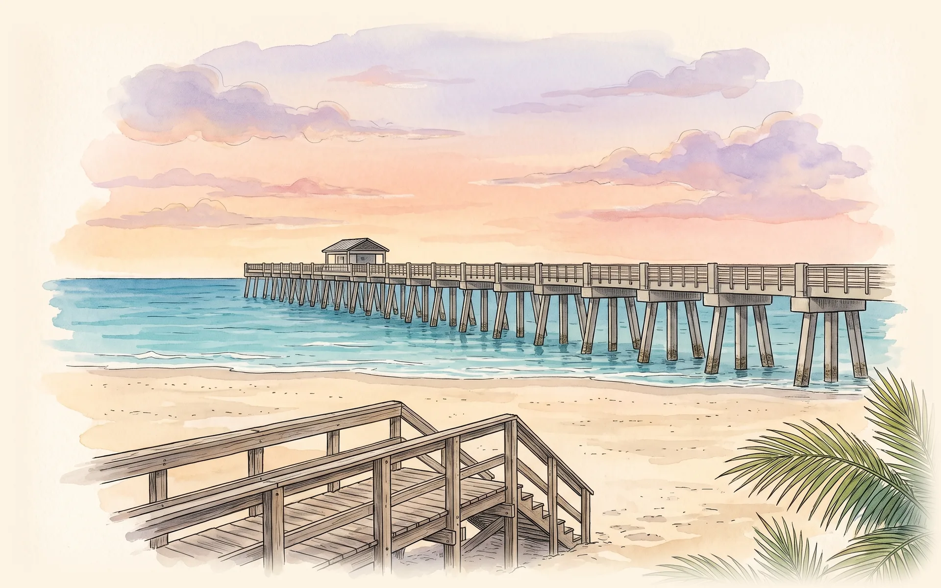 The Lake Worth Beach fishing pier running out from the beach into the Atlantic