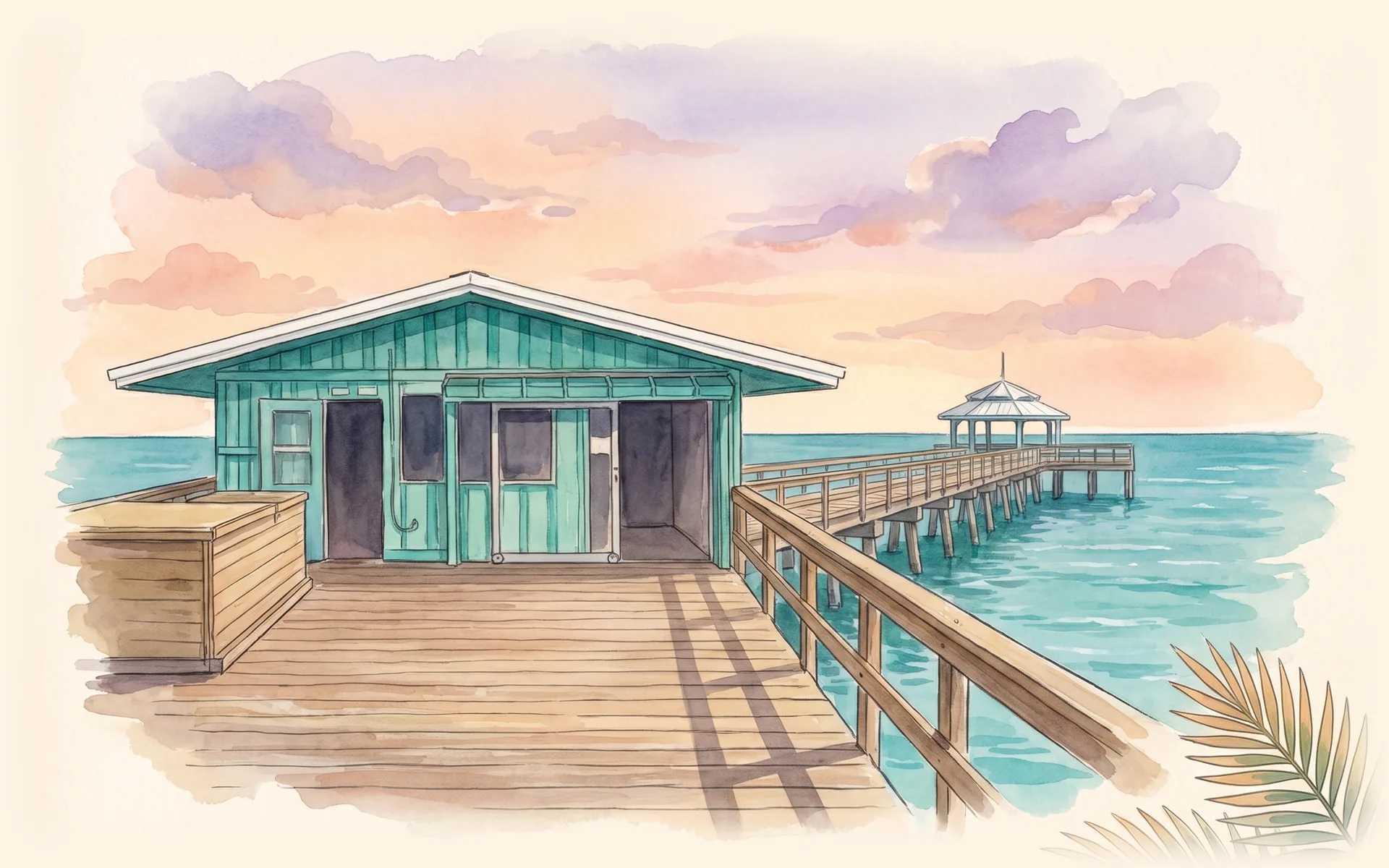 Anglin's Fishing Pier at Lauderdale-by-the-Sea, with the teal pier house at its entrance