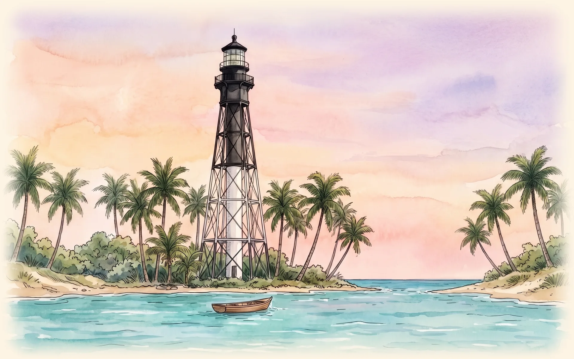 The black and white Hillsboro Inlet Lighthouse rising above palms at the inlet