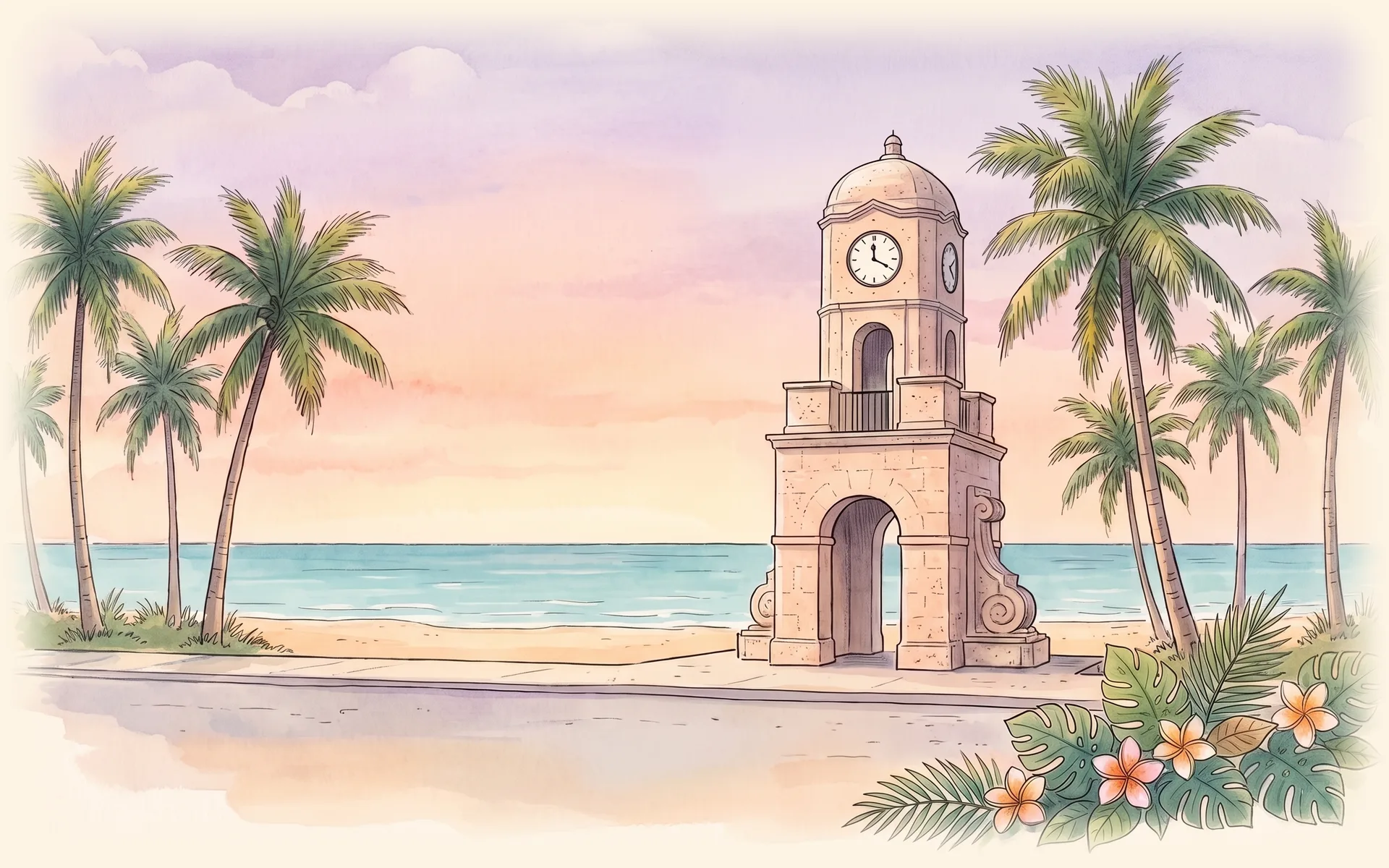 The Worth Avenue clock tower in Palm Beach, with palms and the ocean behind