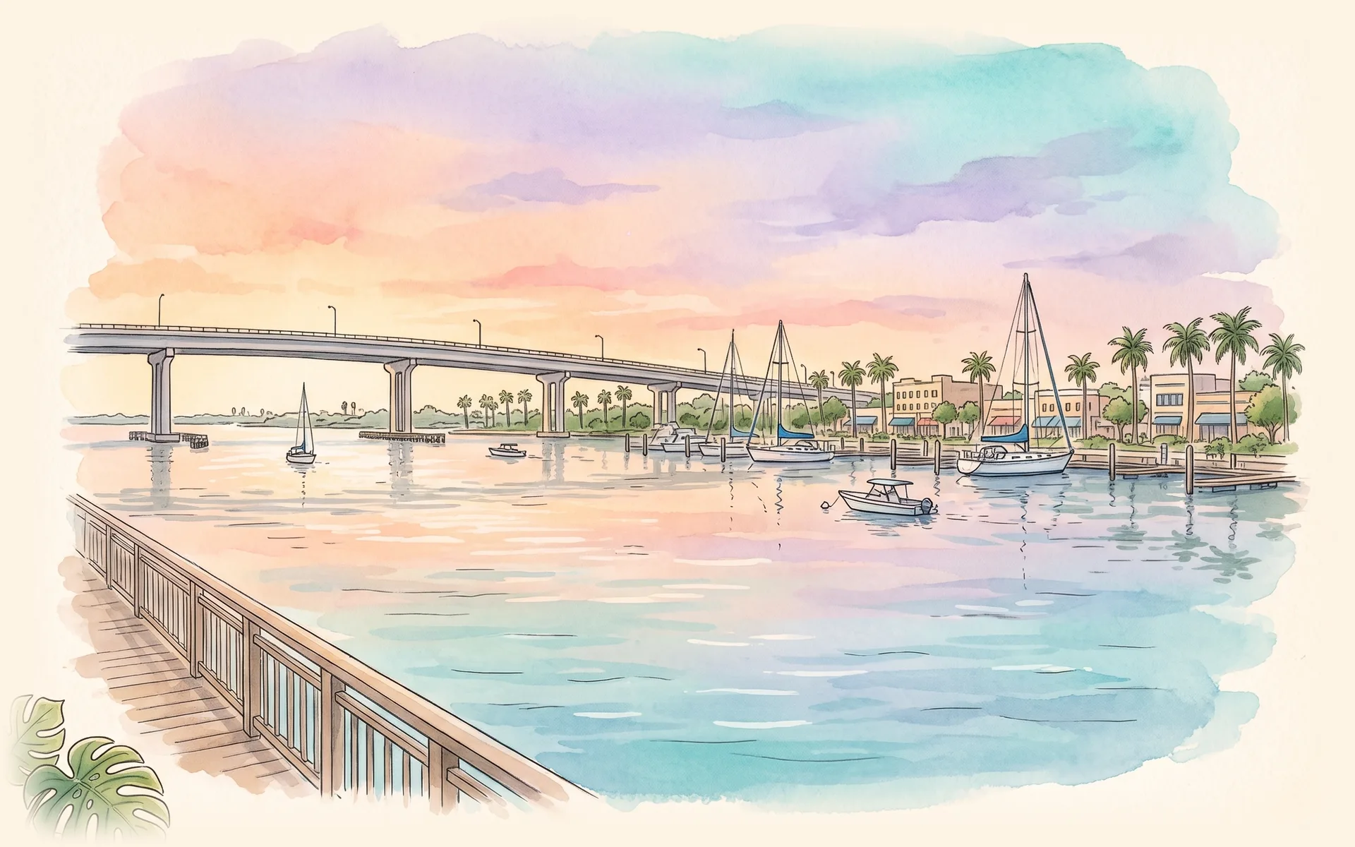 The St. Lucie River at downtown Stuart, with the Roosevelt Bridge and moored sailboats