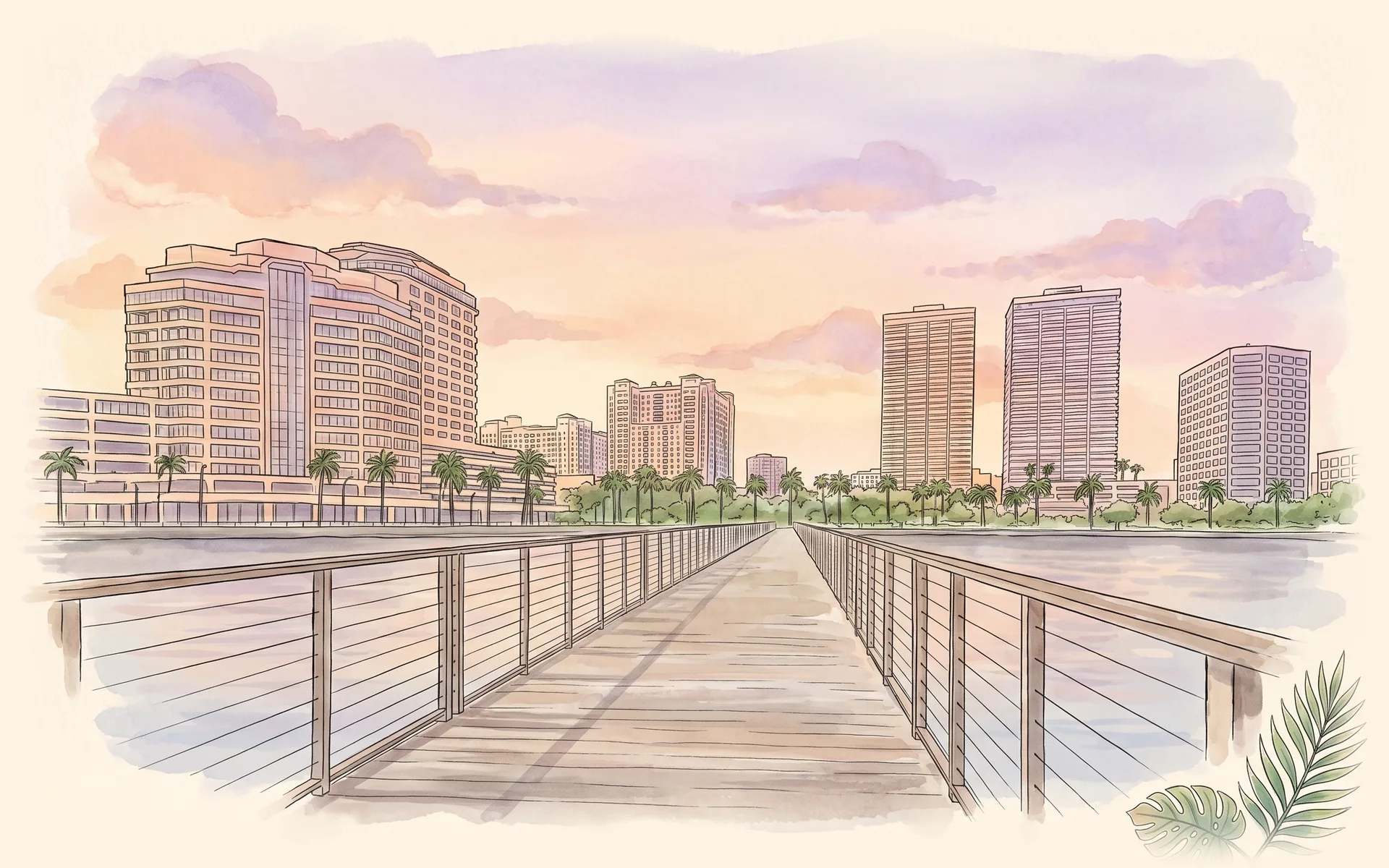 The West Palm Beach waterfront on Flagler Drive: a pier over the lagoon and the downtown skyline