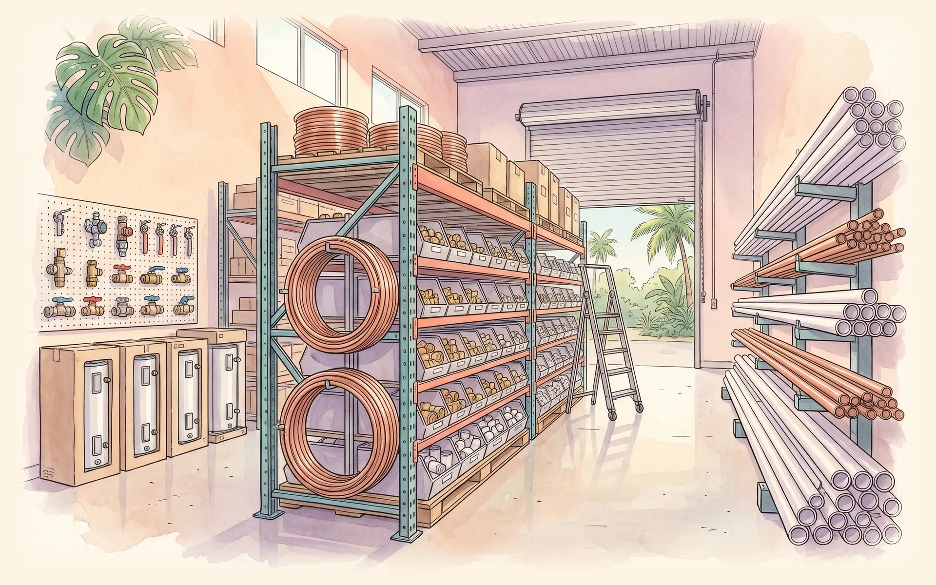 Shelves of pipe fittings, copper coils, pipe racks and boxed water heaters in a parts warehouse