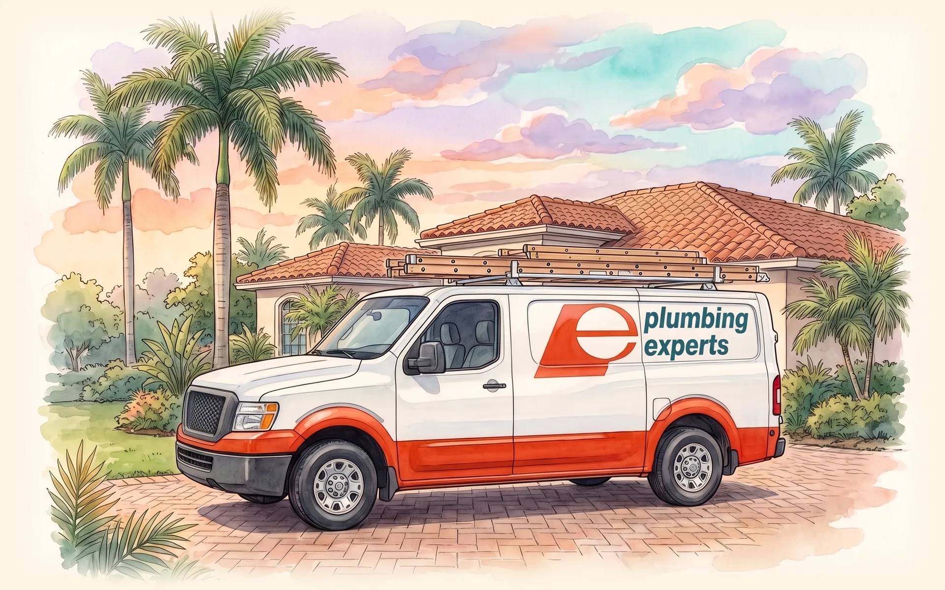 A Plumbing Experts service van with a ladder rack parked in front of a South Florida home