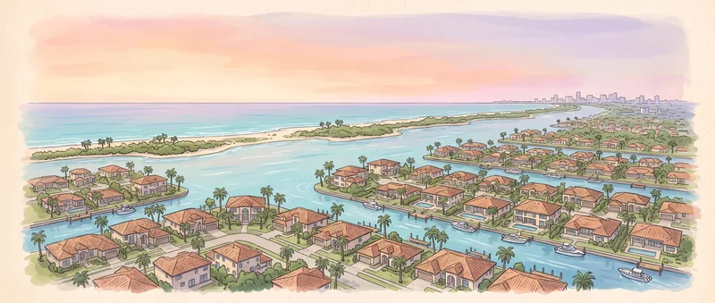 Aerial view of canal neighbourhoods, the Intracoastal and the Atlantic in Broward County