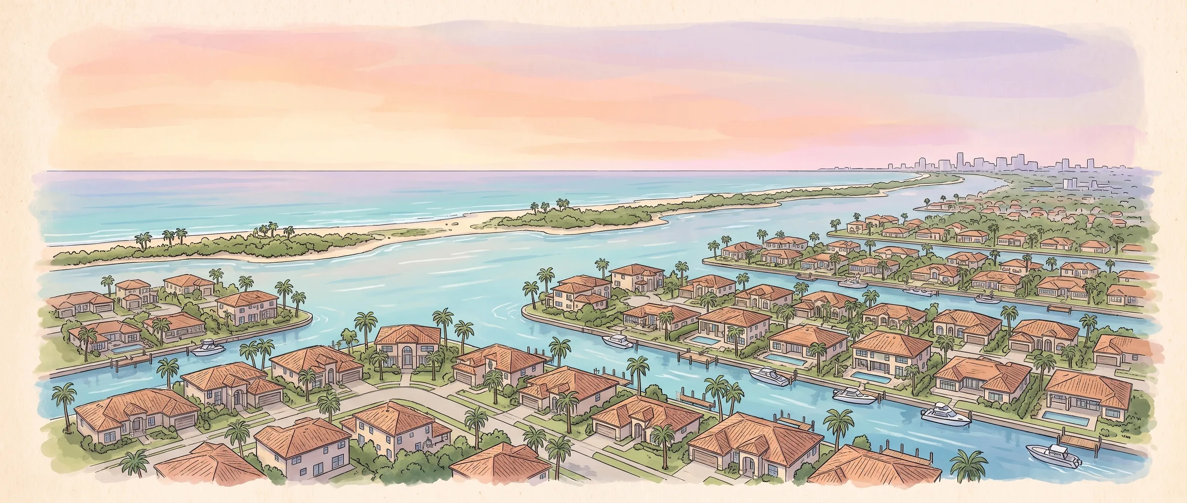 Aerial view of canal neighbourhoods, the Intracoastal and the Atlantic in Broward County