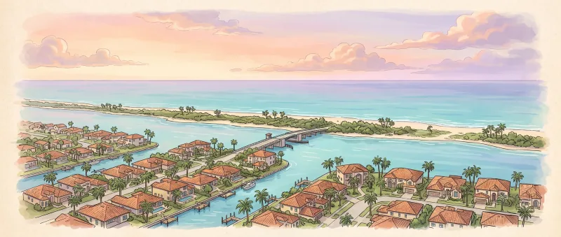 Aerial view of the Intracoastal, a drawbridge, barrier island and the Atlantic in Palm Beach County