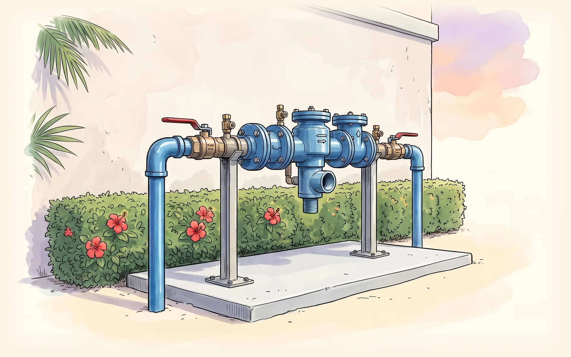Reduced pressure zone backflow preventer on a water line beside a commercial building, behind a low hedge