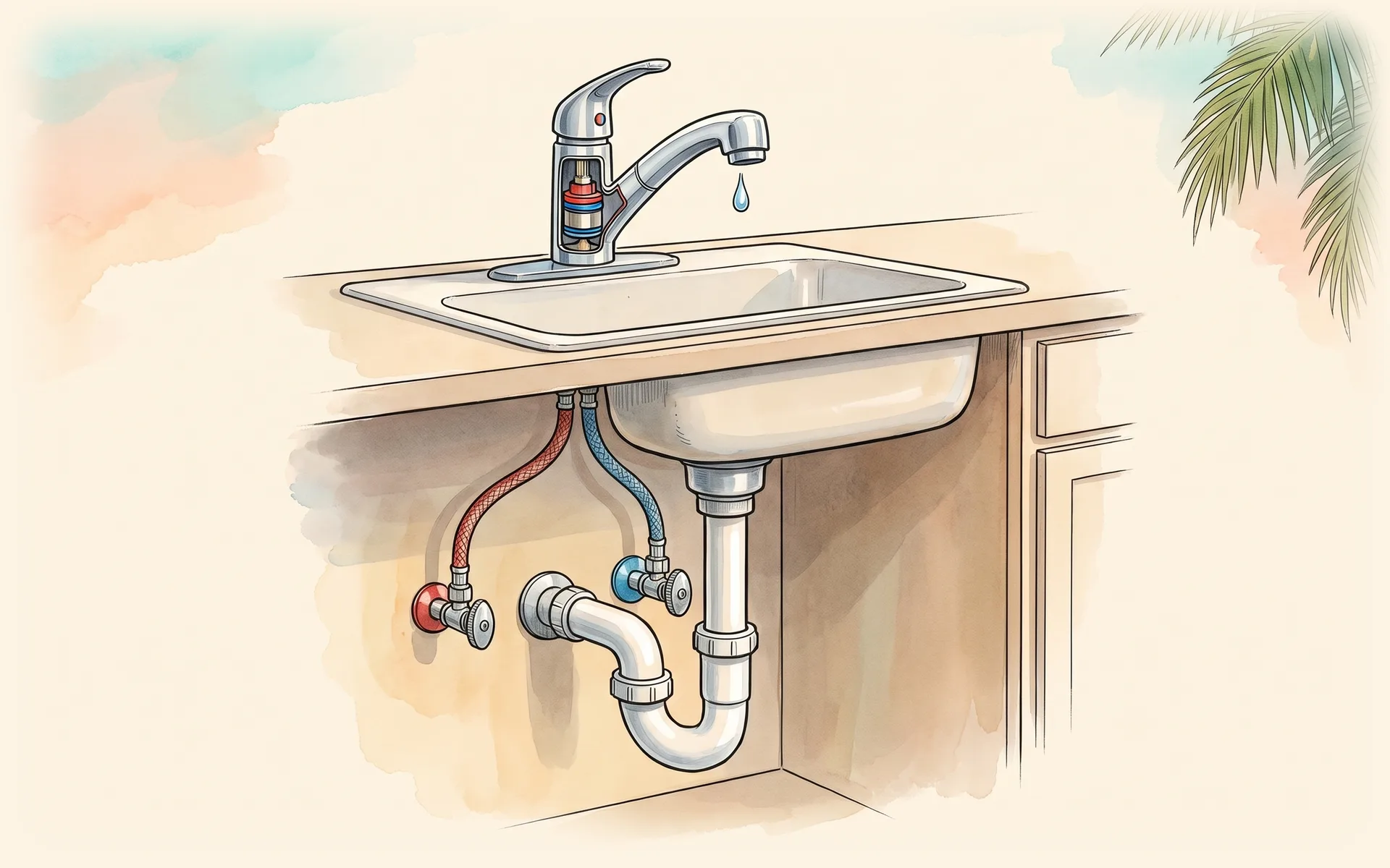 Kitchen faucet cut away to show the cartridge and O-rings, with a drip at the spout and hot and cold stop valves under the sink