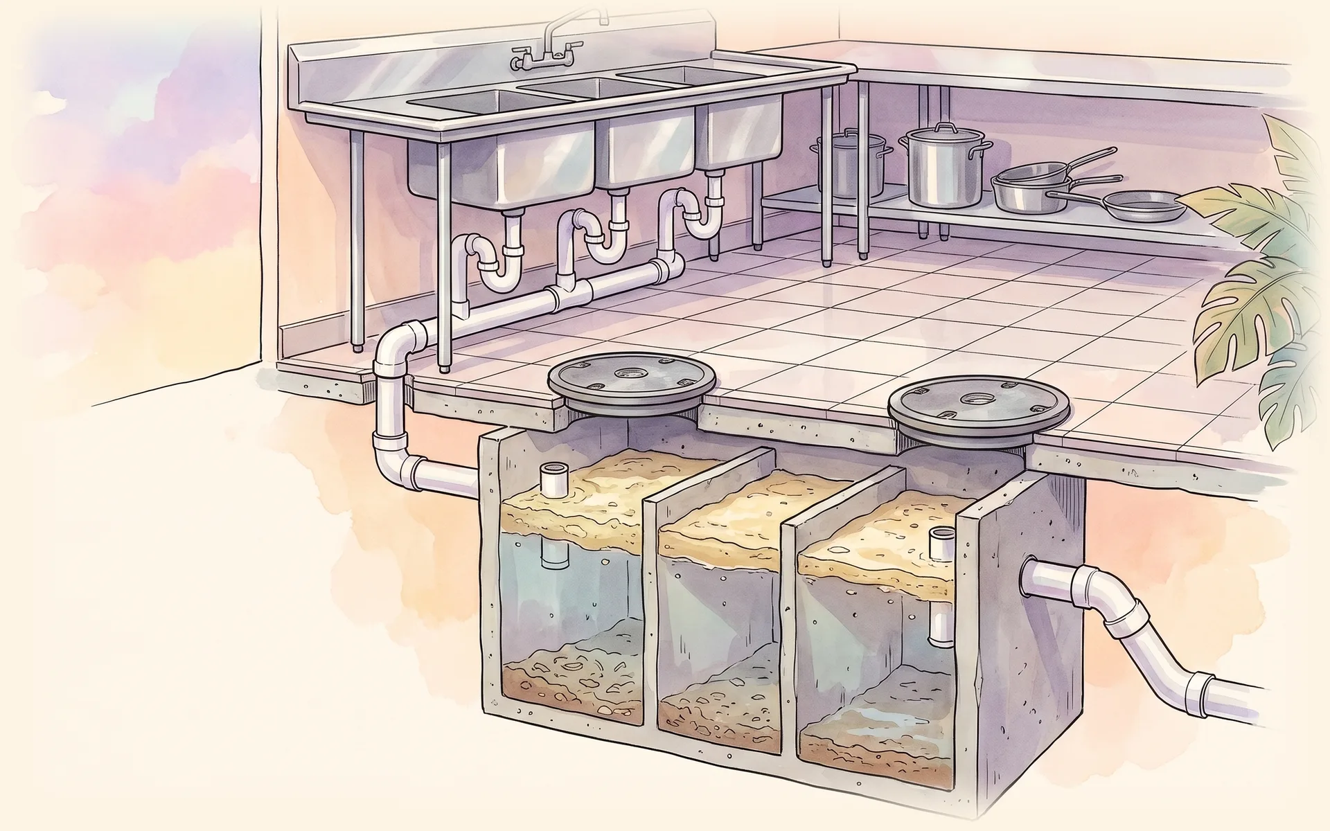 Commercial kitchen sink draining into an in-ground grease interceptor cut open to show the grease layer and settled solids