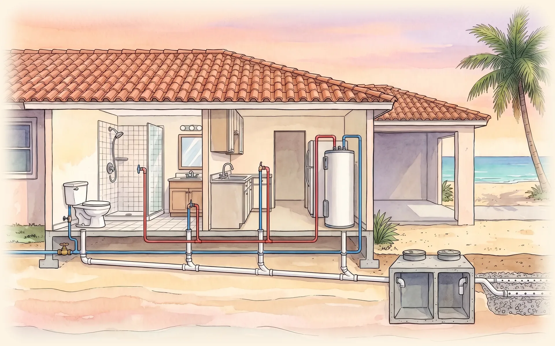 Cutaway of a house showing hot and cold lines from the water heater to the fixtures, and the drain line to a septic tank and drain field